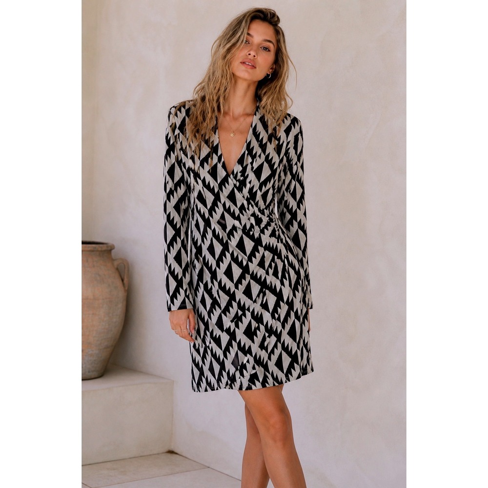 J. Jill Wearever Brown Geometric Ikat‎ Faux Wrap Dress Stretch Long Sleeve Small